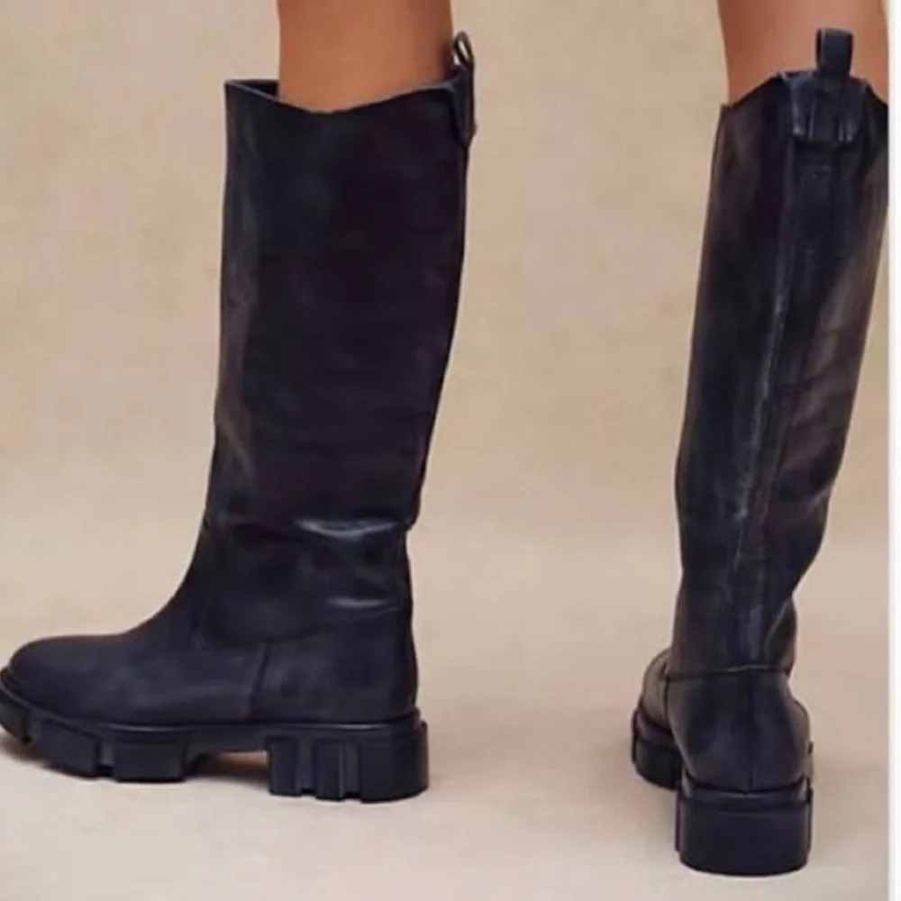 Free People Black Tall Leather Chunky Sole Boots